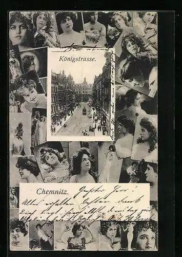 AK Chemnitz, Königstrasse mit Strassenbahn, Portraits hübscher Frauen