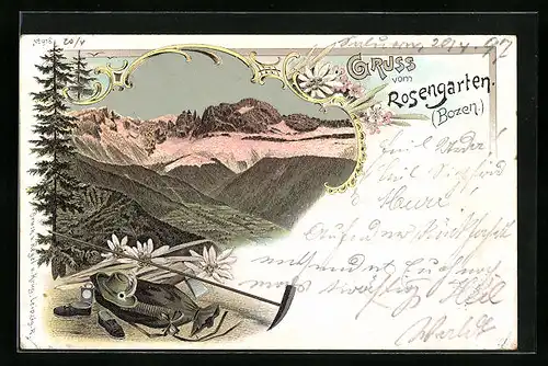 Lithographie Bozen, Ortsansicht mit Rosengarten