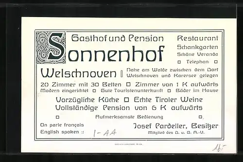 Künstler-AK Welschnofen, Gasthof und Pension Sonnenhof