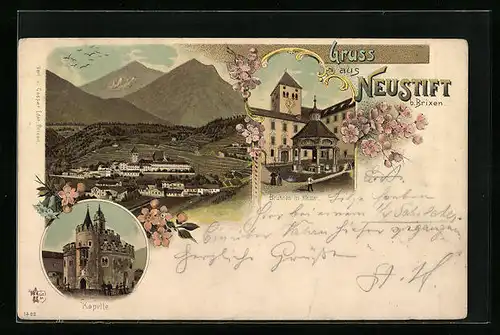 Lithographie Neustift b. Brixen, Totalansicht mit Kapelle