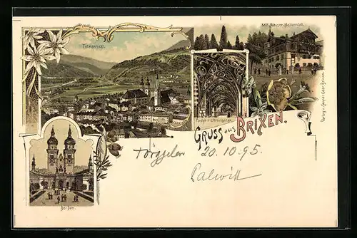 Lithographie Brixen a. E., Totalansicht, Dom, Kreuzgang, Kaltwasser-Heilanstalt