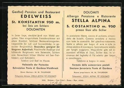 AK S. Constantino /Dolomiti, Albergo, Pensione e Ristorante Stella Alpina