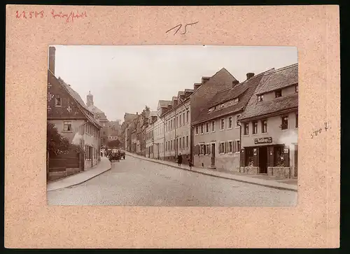 Fotografie Brück & Sohn Meissen, Ansicht Burgstädt i. Sa., Partie in der Rochlitzer Strasse am Geschäft Moritz Kempte