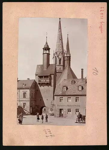 Fotografie Brück & Sohn Meissen, Ansicht Burgstädt i. Sa., Alter Seigerturm und Kirche, Bäckerei Richard Wetzig