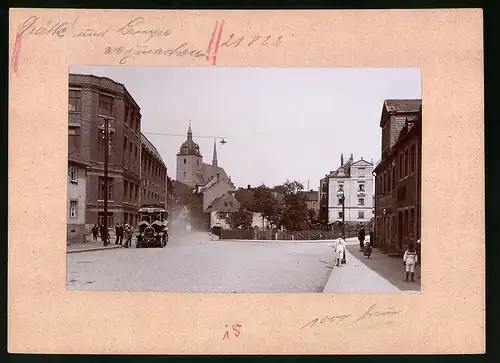 Fotografie Brück & Sohn Meissen, Ansicht Mittweida i. Sa., Weberstrasse mit Autobus, Restaurant zur Friedensburg