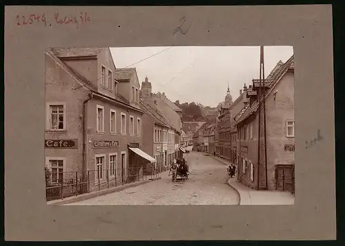 Fotografie Brück & Sohn Meissen, Ansicht Colditz i. Sa., Blick in die Badergasse, Conditorei, Geschäft C. Schneiderheinz