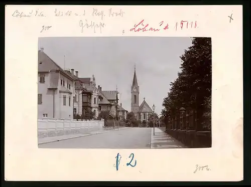 Fotografie Brück & Sohn Meissen, Ansicht Löbau, Goethestrasse mit Villen und Blick zur Kirche