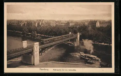 AK Hamburg-Uhlenhorst, Alsterpartie bei der Kuhmühle, Dampfer, Hochbahn