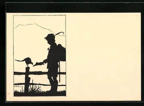 Künstler-AK Carus: Schattenbild, Junger Mann füttert einen Vogel