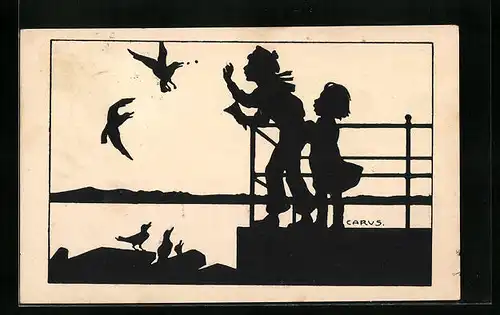 Künstler-AK Carus: Schattenbild, Kleines Mädchen und Junge füttern Vögel
