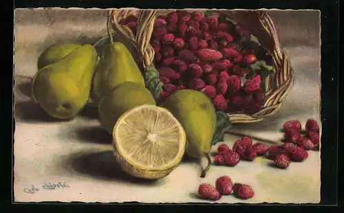 Künstler-AK Carlo Chiostri: Birnen, Zitrone und Erdbeeren