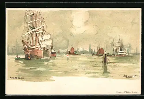 Künstler-AK Henri Cassiers: Amsterdam, Segelschiffe im Hafen
