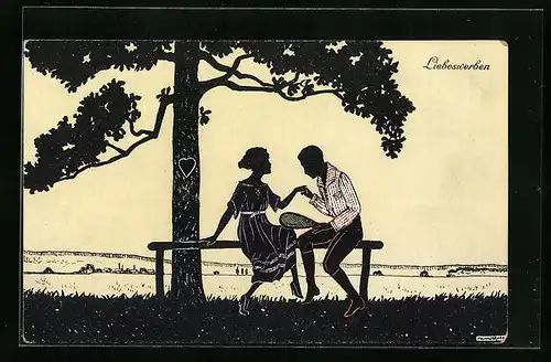 Künstler-AK Manni Grosze: Liebeswerben, Mann mit Tennisschläger und Frau