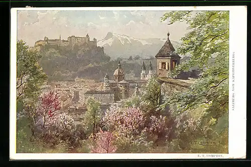 Künstler-AK Edward Theodore Compton: Salzburg, Teilansicht mit Festung Hohensalzburg vom Kapuzinerberg