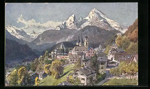Künstler-AK Edward Harrison Compton: Berchtesgaden, Teilansicht mit Kirche