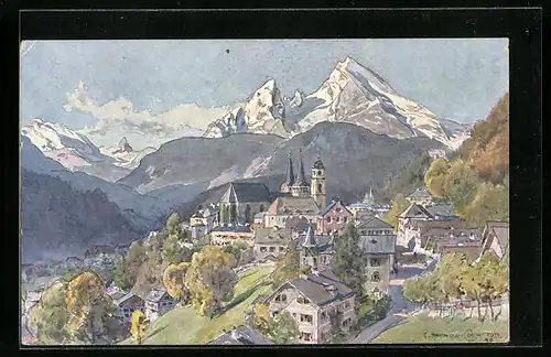 Künstler-AK Edward Harrison Compton: Berchtesgaden, Teilansicht mit Kirche