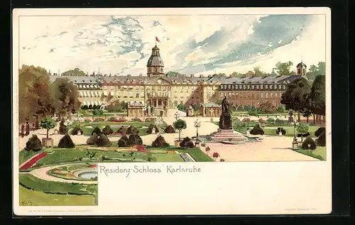 Künstler-AK Heinrich Kley: Karlsruhe, Residenz-Schloss mit Park