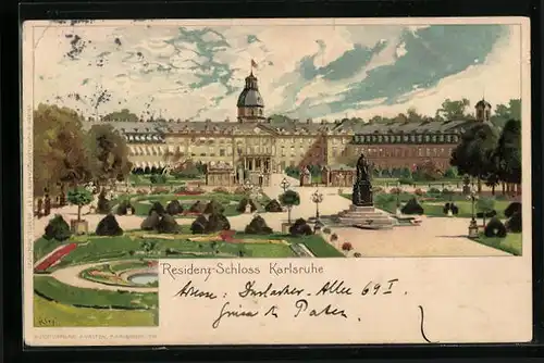 Künstler-AK Heinrich Kley: Karlsruhe, Residenz-Schloss mit Parkanlage