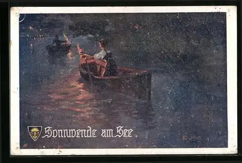 Künstler-AK Franz Jung-Ilsenheim, Deutscher Schulverein Nr. 644: Nächtliche Ruderpartie mit Sonnwendfeuer