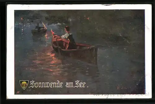 Künstler-AK Franz Jung-Ilsenheim, Deutscher Schulverein Nr. 644: Ruderpartie und Sonnwende am See