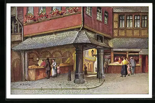 Künstler-AK Bernhard Liebig: Frankfurt a. M., Schirne mit Verkaufsständen