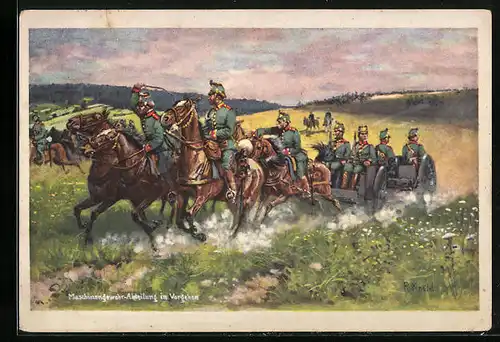 Künstler-AK Richard Knoetel: Maschinengewehr-Abteilung im Vorgehen