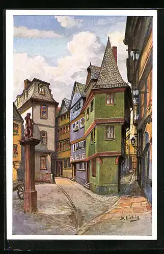 Künstler-AK Bernhard Liebig: Frankfurt a. M., Goldhutgasse mit alten Häusern