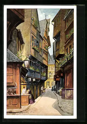 Künstler-AK Bernhard Liebig: Frankfurt a. M., Lange Schirne mit Metzgerei