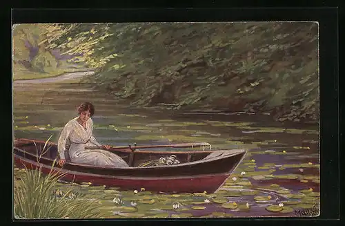 Künstler-AK Alfred Mailick: Junge Frau im Ruderboot mit Seerosen