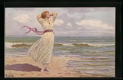 Künstler-AK Alfred Mailick: Junge Frau im Sommerkleid am Strand