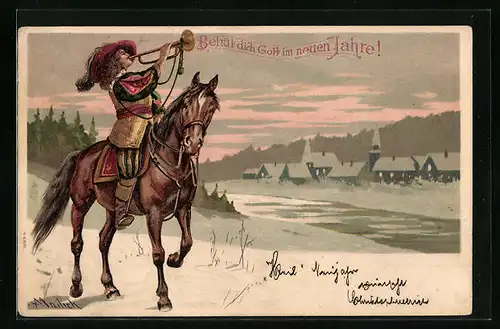 Künstler-AK Alfred Mailick: Trompeter auf Pferd in winterlicher Landschaft