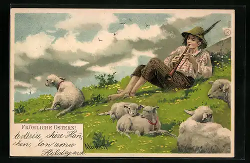 Künstler-AK Alfred Mailick: Junger Hirte mit Schafen spielt Flöte