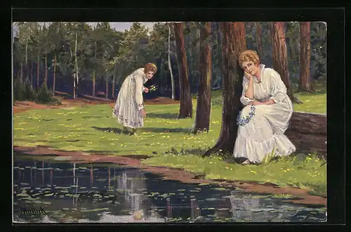 Künstler-AK Alfred Mailick: Junge Frauen verträumt am Waldteich
