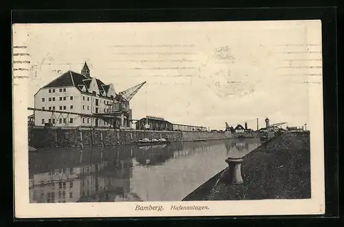 AK Bamberg, Partie an den Hafenanlagen mit Kran