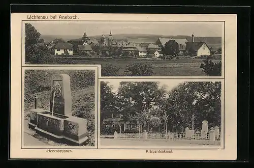 AK Lichtenau bei Ansbach, Totalansicht, Hexenbrunnen, Kriegerdenkmal