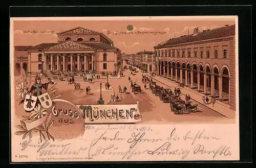 Lithographie München, Max Josephplatz und Maximilianstrasse mit Nationaltheater