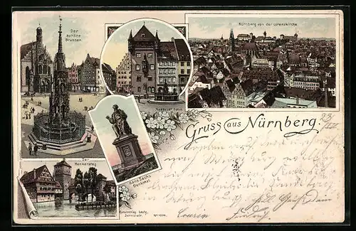 Lithographie Nürnberg, Teilansicht mit Lorenzkirche, Nassauer Haus, Henkersteg