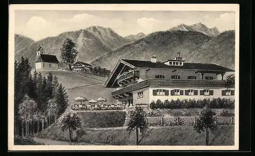 AK Brannenburg /Obb., Berggasthof St. Margarethen vor Bergkulisse