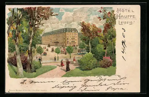 Lithographie Leipzig, Hotel Hauffe vom Park gesehen