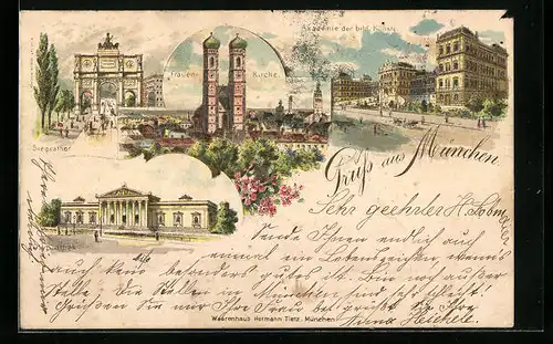 Lithographie München, Akademie der Künste, Siegestor, Frauenkirche