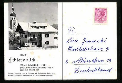 AK Kastelruth, Hotel Haus Schlernblick im Winter, Kirche
