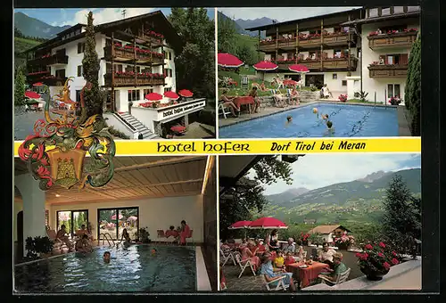 AK Dorf Tirol /Meran, Hotel Hofer, Pool, Wappen