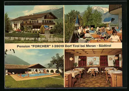 AK Dorf Tirol /Meran, Pension Forcher, Gäste auf der Terrasse und am Pool