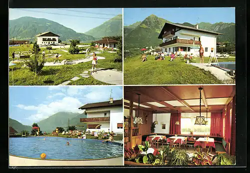 AK Dorf Tirol /Meran, Pension Minigolf, Badegäste am Pool, Speisesaal