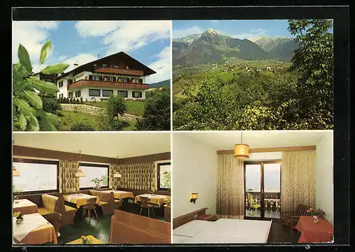 AK Dorf Tirol /Meran, Pension Taubenthaler, Hauptstr. 25 A, Ortsansicht vor Bergpanorama