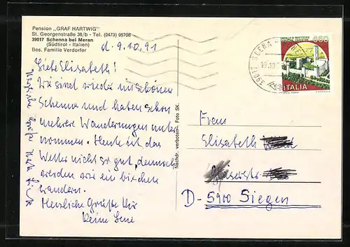 AK Schenna /Meran, Pension Graf Hartwig, St. Georgenstr.38 b, Terrasse vorm Haus