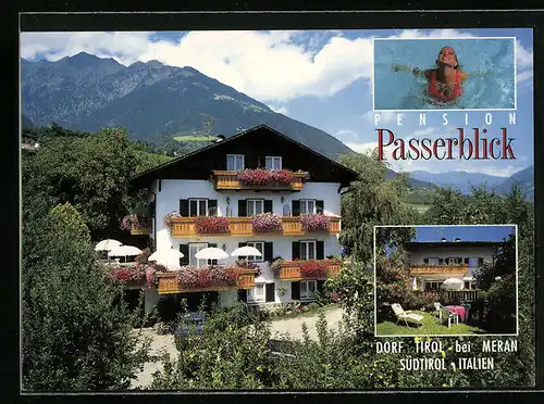 AK Dorf Tirol /Meran, Pension Passerblick, Jaufenstr. 22, Haus vor Bergpanorama