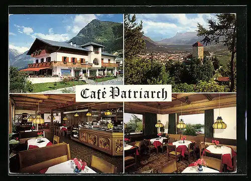 AK Dorf Tirol /Meran, Hotel Café Patriarch, Hauptstr. 32, Innenschau, Ort mit Turm