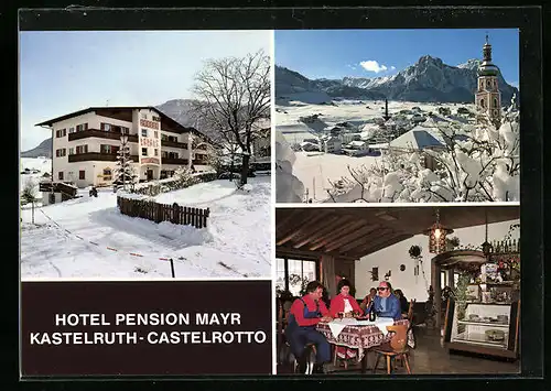 AK Kastelruth, Hotel Mayr, Ortspartie mit Kirche im Winter