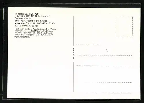 AK Dorf Tirol /Meran, Pension Leimerhof mit parkenden Autos